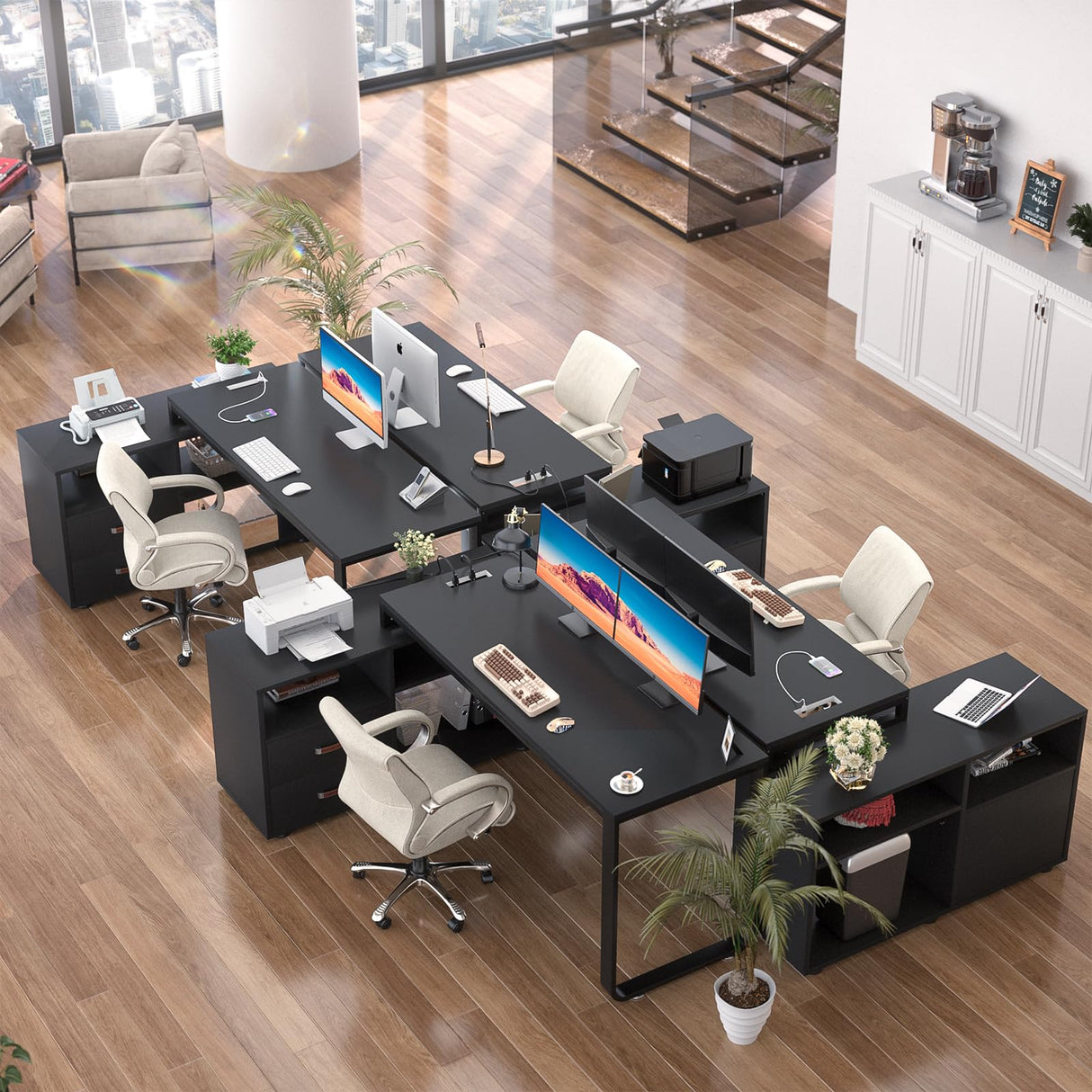 Homieasy L Shaped Desk with File Cabinet & Power Outlet, Reversible 55 Inch Large Corner Computer Desks with LED Strip, L-Shaped Computer Desk with Homieasy