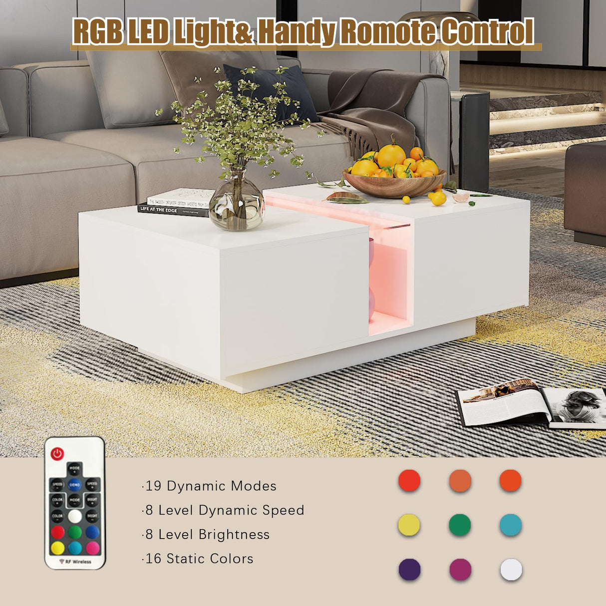 HedoAjim White Led Coffee Table for Living Room, Rectangular Living Room Table with Storage, Acrylic Coffee Tables with 2 Sliding Drawers, Wood Center Table for Reception Dinning Room HedoAjim