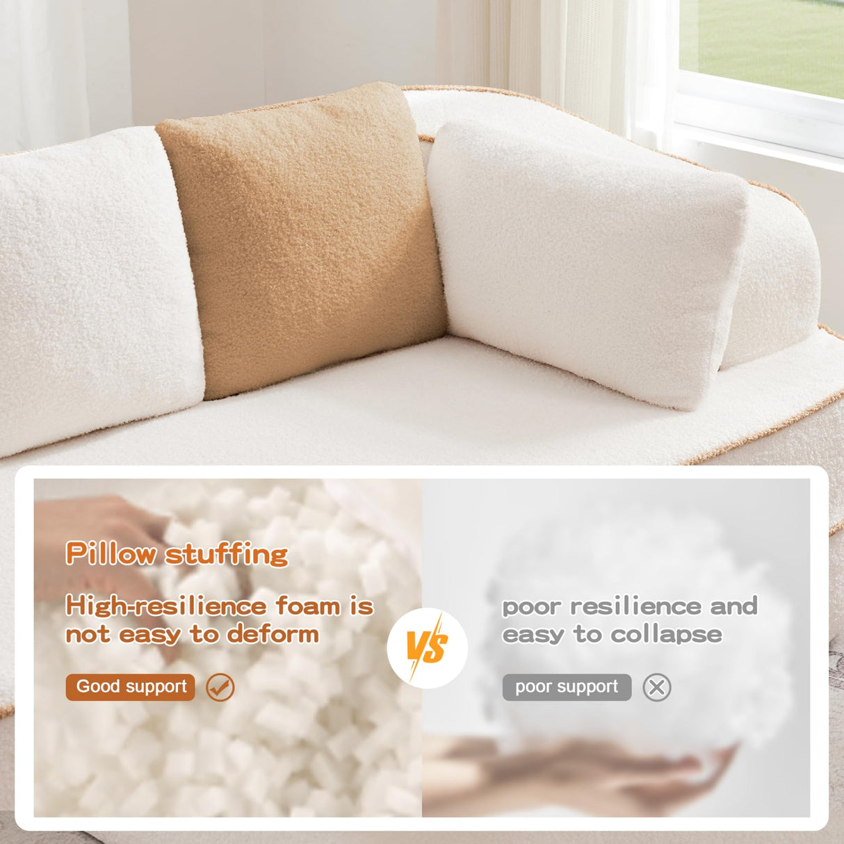 Zylena 106" 3-Seat Teddy Fabric No Assembly 32D High Density Sponge Boneless Sofa, Fluffy Comfy Couch with L-Shaped Chaise, for Living Room, White Zylena