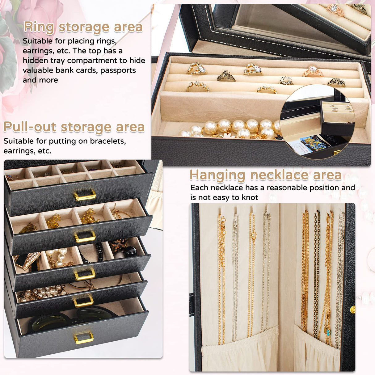 AKOZLIN Huge Jewelry Box Organizer Functional Lockable, Large Leather Jewelry Storage Case for Women Girls Ring Necklace Earring Bracelet Holder Organizer with Mirror AKOZLIN