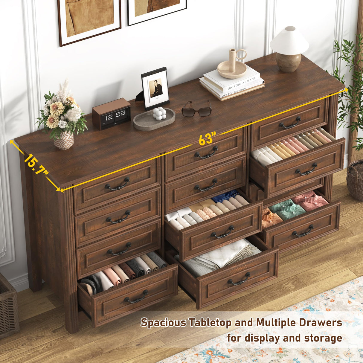 chartustriable Farmhouse 12 Drawer Dresser for Bedroom, 63” Wood Dresser & Chest of Drawers with Rustic Handles, Wide Closet Dresser Organizer, Living Room, Hallway, Bedroom Furniture, Rustic Brown chartustriable
