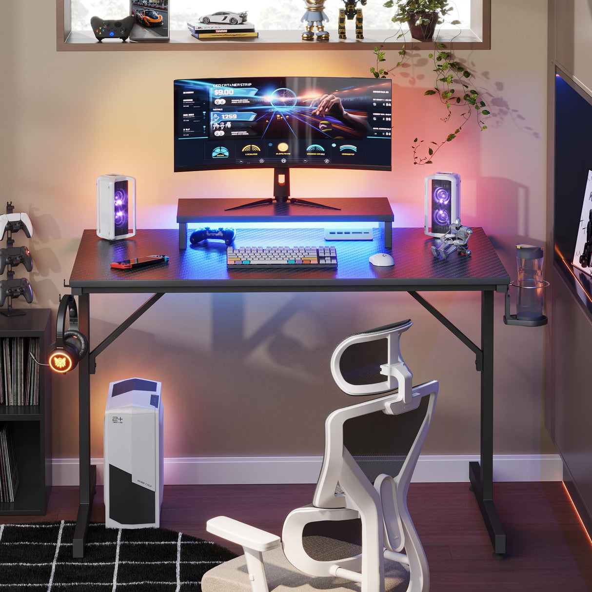 Bestier Small Gaming Desk with Monitor Stand, 42 inch LED Computer Desk, Gamer Desk with Cup Holder & Headset Hooks, Modern Simple Style Desk for Home Office PS5 Small Spaces, Carbon Fiber Black Bestier