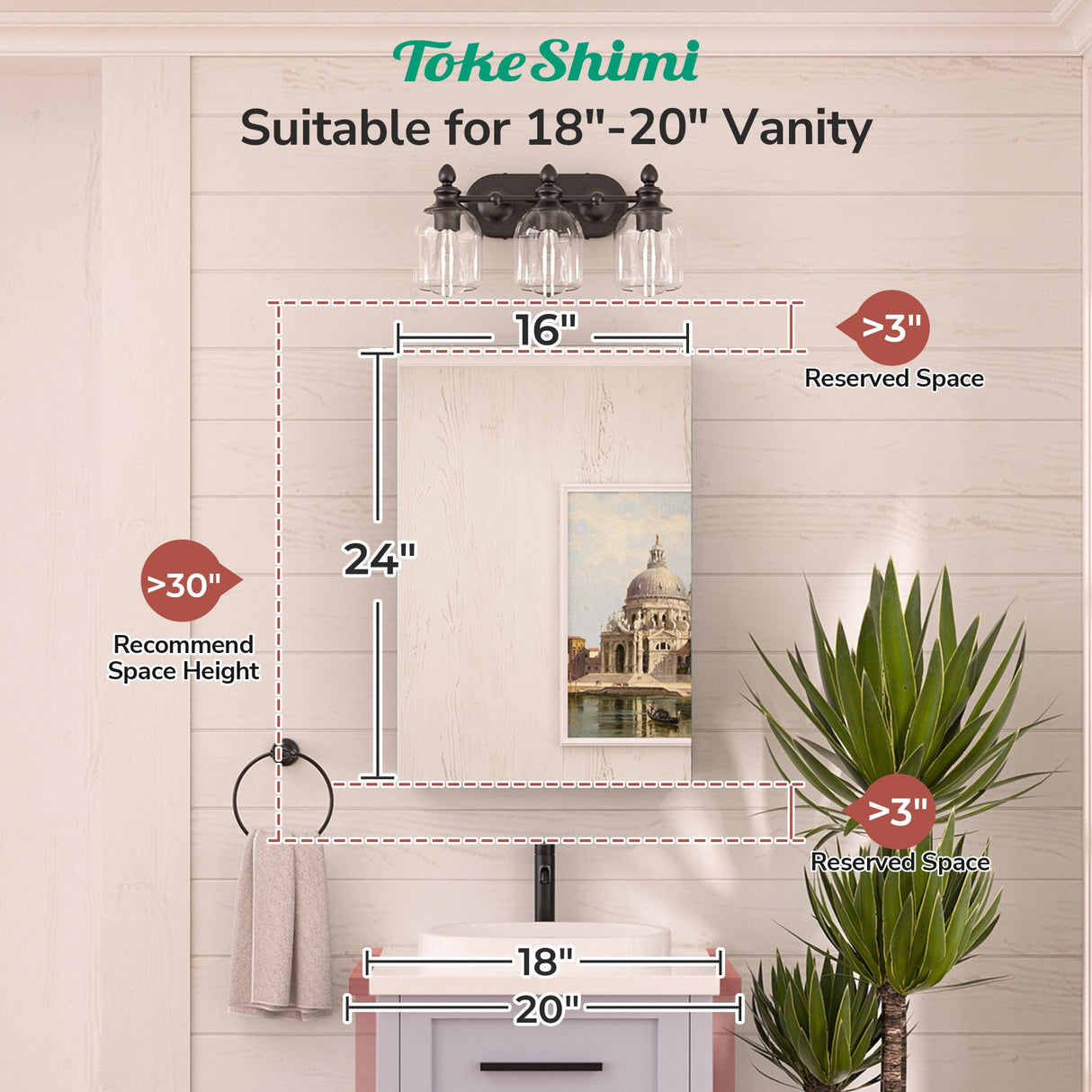 TokeShimi 16x24 Bathroom Medicine Cabinet with Mirror Tempered, Aluminum Silver Mirrored Medicine Cabinet Recessed or Surface Mount with Adjustable Storage Metal for Modern Farmhouse TokeShimi