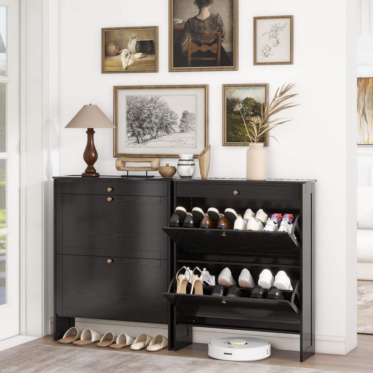 FTZxHKLX Black Narrow Shoe Storage Cabinet with 2 Flip Drawers,Freestanding Hidden Shoe Organizer for Entryway,Shoe Rack Closed Cabinet for Behind Door Entrance, Living Room, Apartment FTZxHKLX