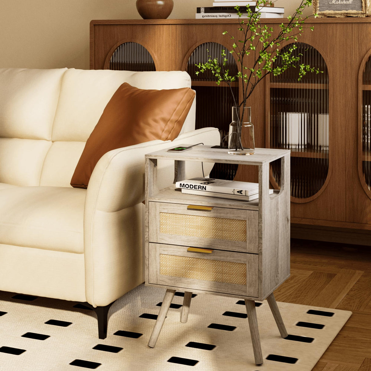 JOONEE Rattan Nightstand with Charging Station,Farmhouse Bedside Table with 2 Storage Drawer and Open Wood Shelf, for Bedroom and Small Spaces,Night Stand with Solid Wood Legs (Grey Oak-Outlet) JOONEE