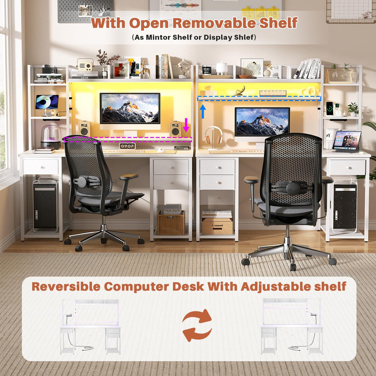 Aheaplus Desk with LED and Outlets, Gaming Desk with Hutch, 47.2'' Computer Desk with Drawers, Reversible Office Desk with Storage Bookshelf Large Workstation Desk with Shelf, Desk for Home, White Aheaplus