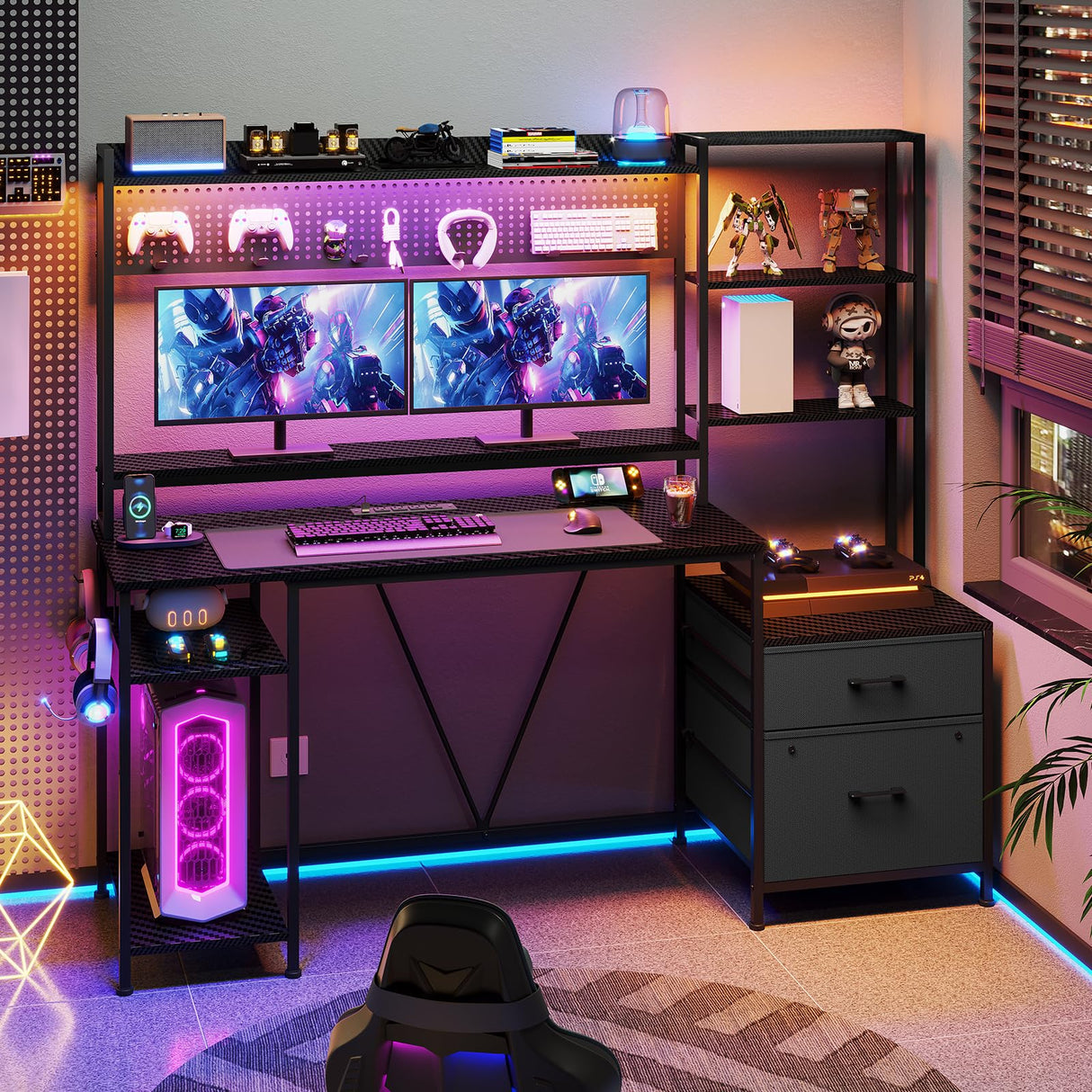 Gaming Desk with Hutch, 65in Reversible Computer Desk with Power Outlets LED Light, Home Office Desk with Monitor Stand 2 Drawers 4 Storage Shelves Pegboard 8 Hooks Mouse Pad(Carbon Fiber Black) UPOSOJA