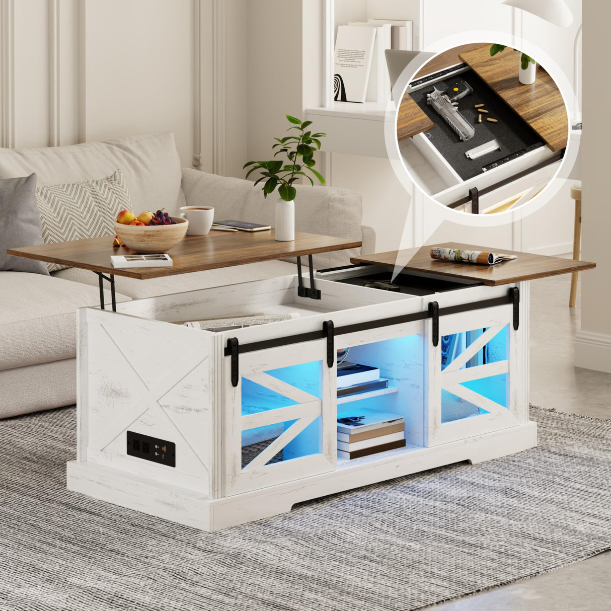 Farmhouse Coffee Table, Lift Top Coffee Table with Gun Cabinet, 2 Sliding Barn Doors-Large Storage and 3 Color LED Lights fit Modern Rectangular Rustic Living Room Center Table,White FREDEES