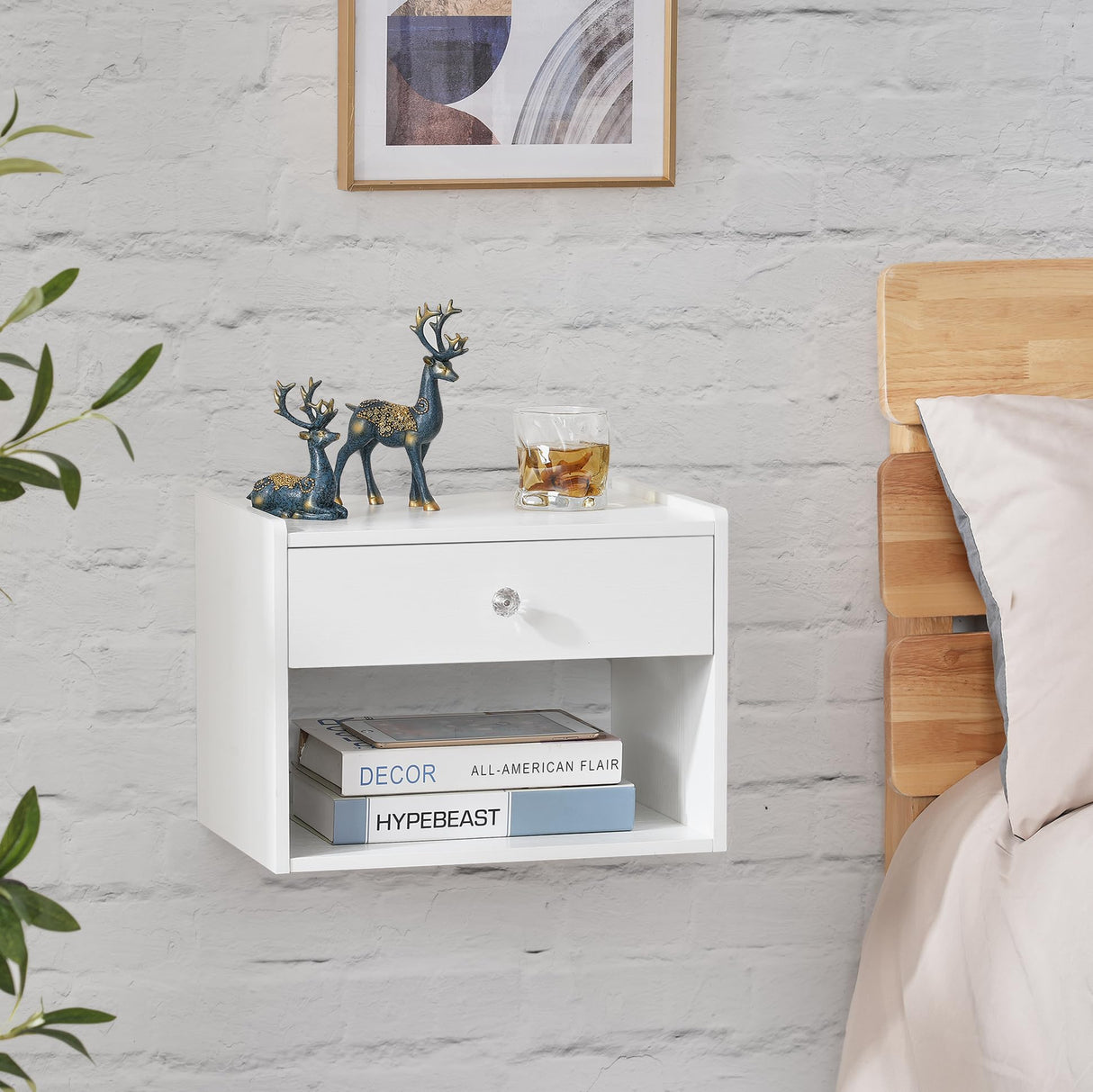 BWEISHOME Floating Nightstand with Drawer, White Nightstand Floating Bedside Table, Wall Mounted Nightstand Floating Night Stand Floating Side Table, Floating Shelves Bedroom KTZ04W BEWISHOME