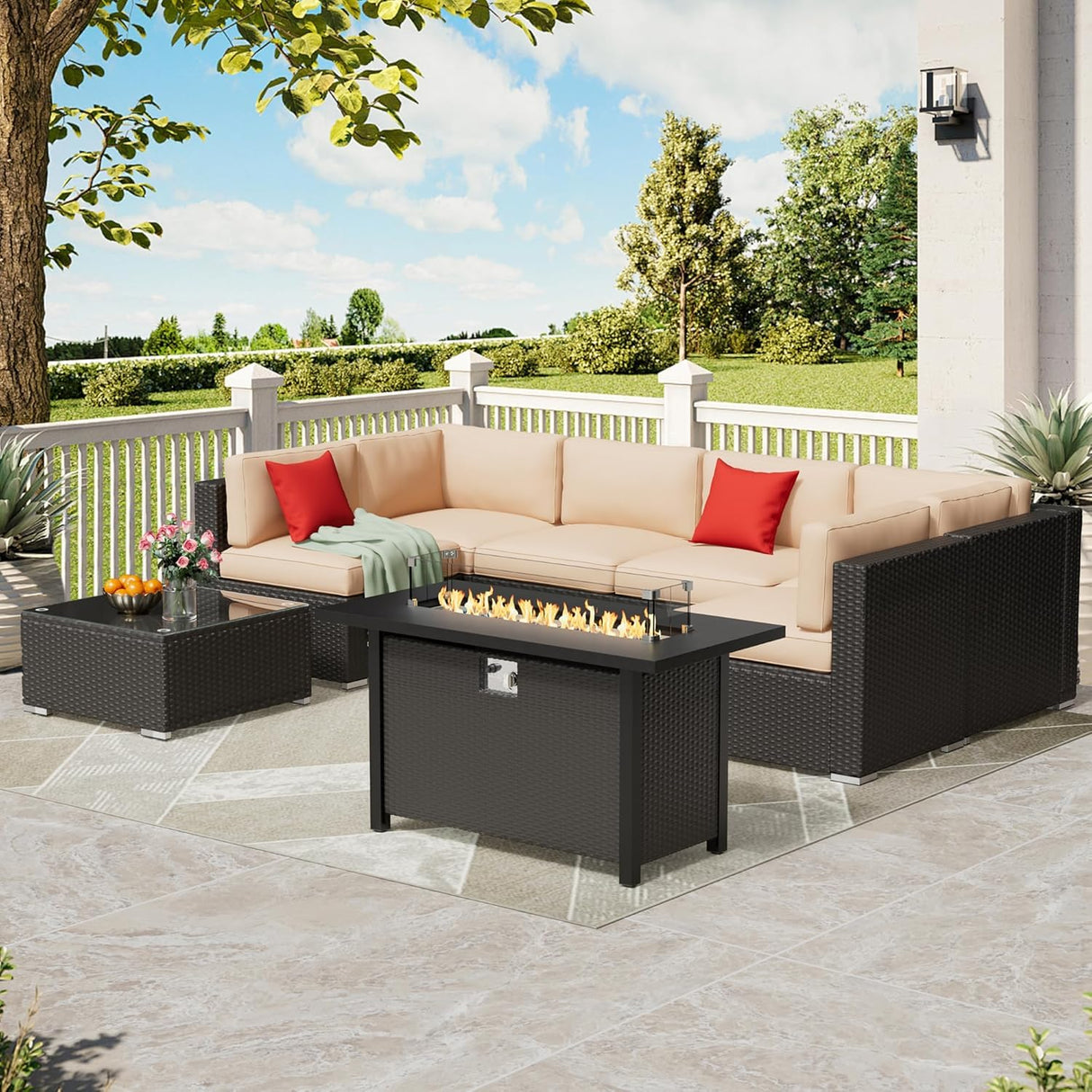 Patiomore 8-Pieces Outdoor Patio Furniture Sets,45”Propane Gas Fire Pit Table, All-Weather Black Brown Wicker Rattan Sectional Sofa, Washable Seat Cushion(Beige) Patiomore