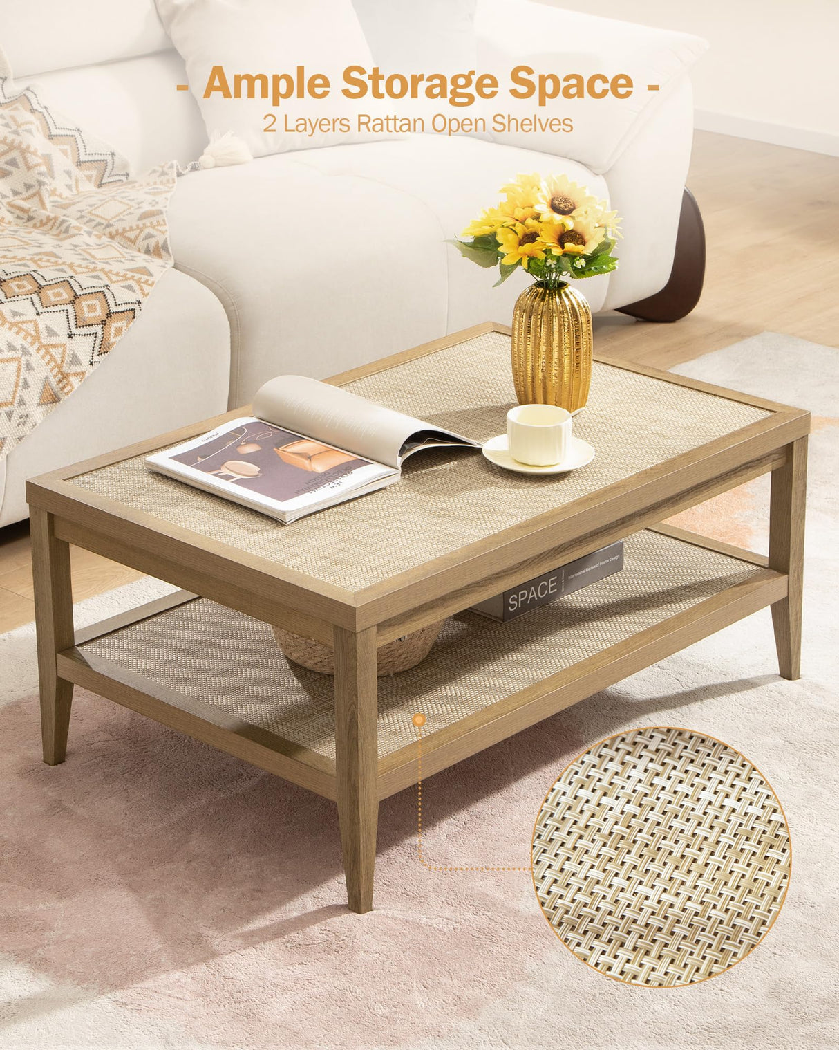 SICOTAS Rattan Coffee Table for Living Room - Boho Rectangle Center Coffee Tables with 2-Tier Rattan Storage Shelves - Accent Sofa Side Table for Small Space SICOTAS