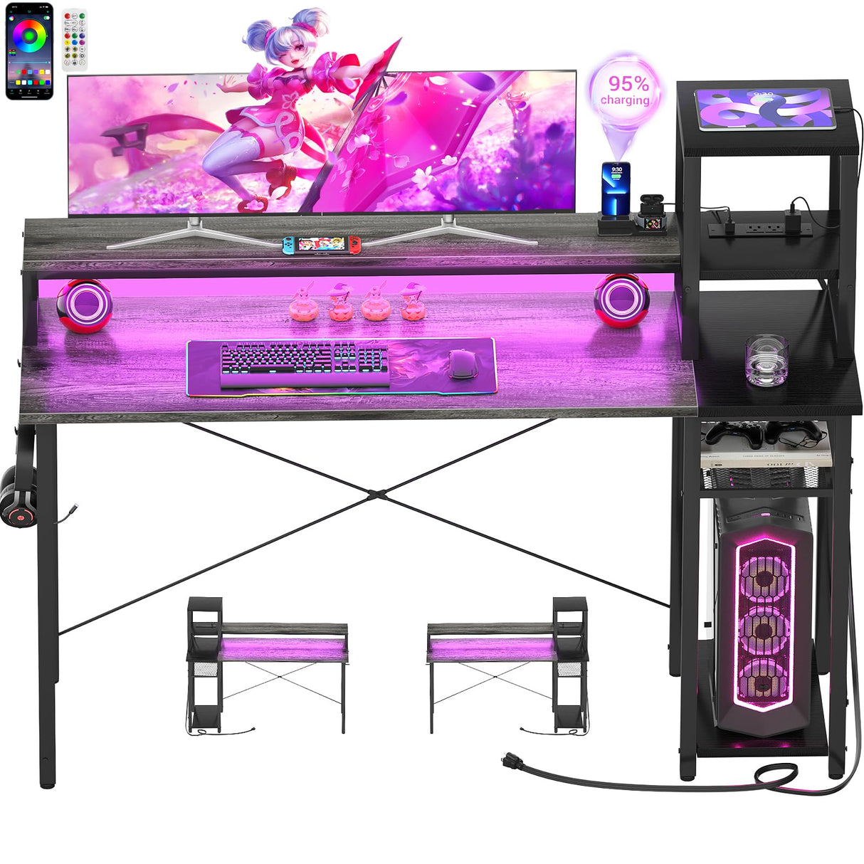 armocity 2024 Upgrade Gaming Desk with LED Lights, Small Computer Desk with Long Monitor Stand, 47.2'' Reversible Laptop Table with Storage Shelves, Small Desk for Small Spaces, Gaming Room, Grey armocity