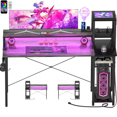 armocity 2024 Upgrade Gaming Desk with LED Lights, Small Computer Desk with Long Monitor Stand, 47.2'' Reversible Laptop Table with Storage Shelves, Small Desk for Small Spaces, Gaming Room, Grey