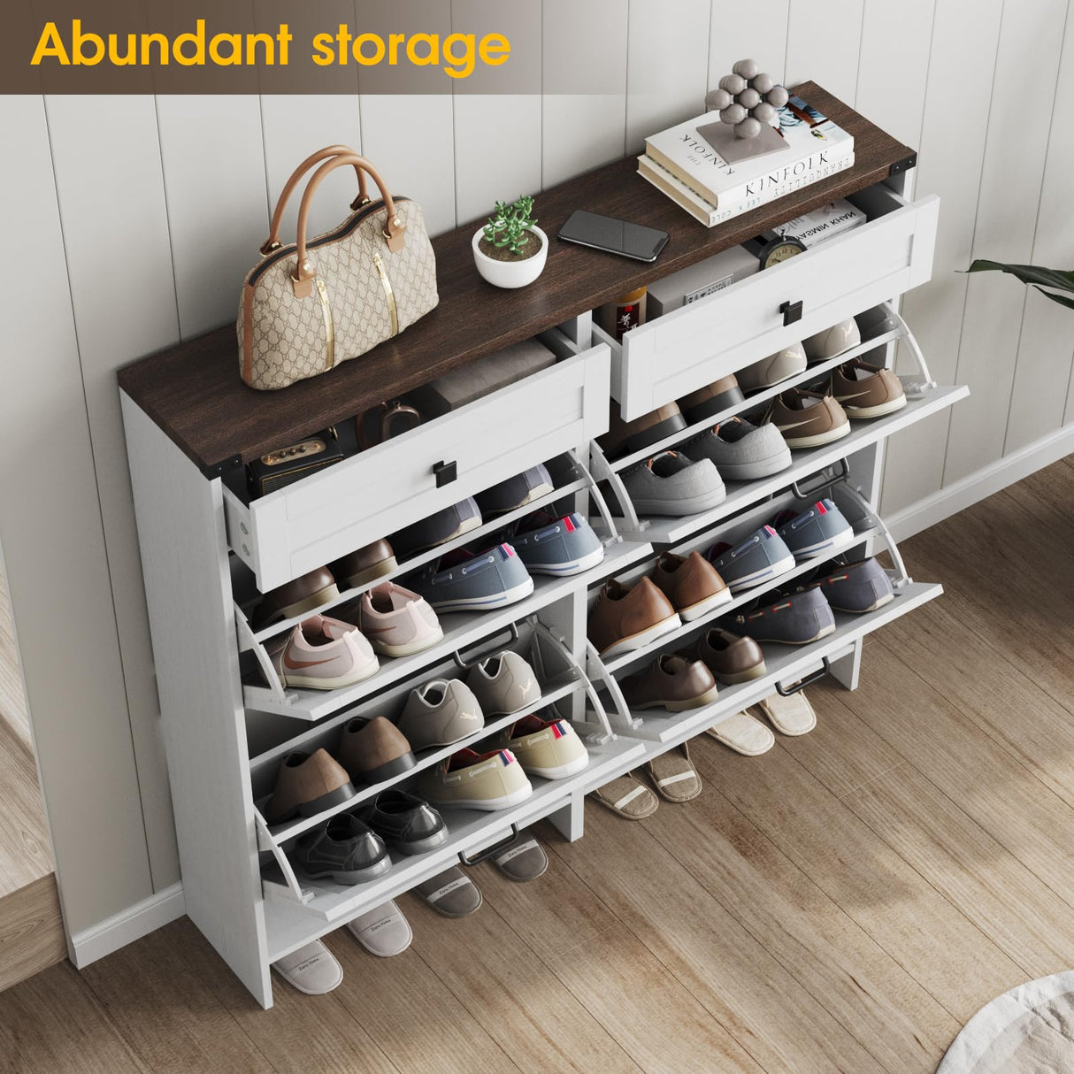 Halitaa Shoe Storage Cabinet with 4 Flip Drawers & 2 Drawers,Shoe Cabinet Storage with Legs for Entryway,Freestanding Shoes Organizer Cabinet,Farmhouse Shoe Rack Cabinet,White Halitaa