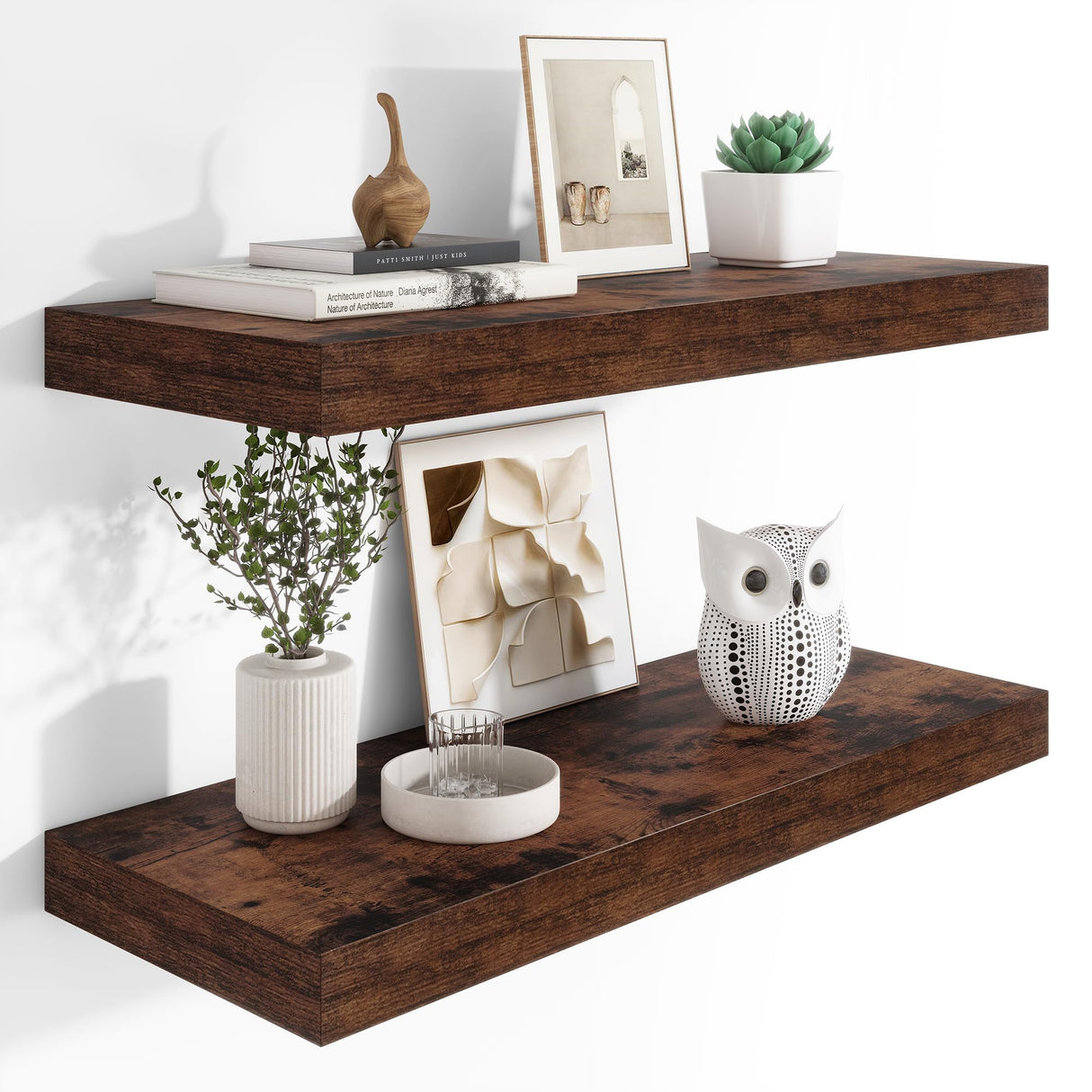 Heimlove 12" Deep Floating Shelves, 36 x 12 Inch Wall Mounted Long Floating Shelf with Invisible Brackets, for Home Decor, Bedroom, Kitchen, Living Room, Bathroom - 2 Pack, Rustic Brown Heimlove