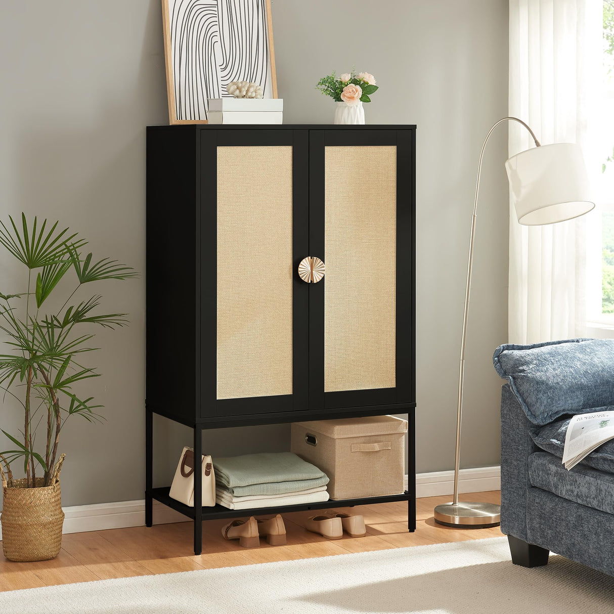 MtuxuYR Bedroom Armoire,Wooden Rattan Armoires Metal Frame with Large Storage Space & Elegant Handle 2 Doors for Bedroom(Black) MtuxuYR