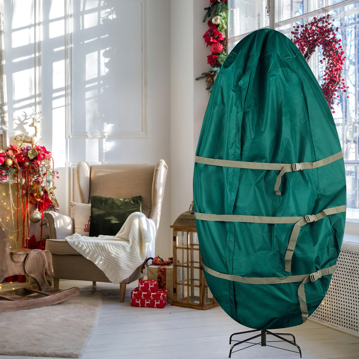 Christmas Tree Storage Bag - Upright Zippered Canvas Cover for 9-Foot Artificial Trees with Buckle Straps and Cinch by Tiny Tim Totes (Green) TINY TIM TOTES