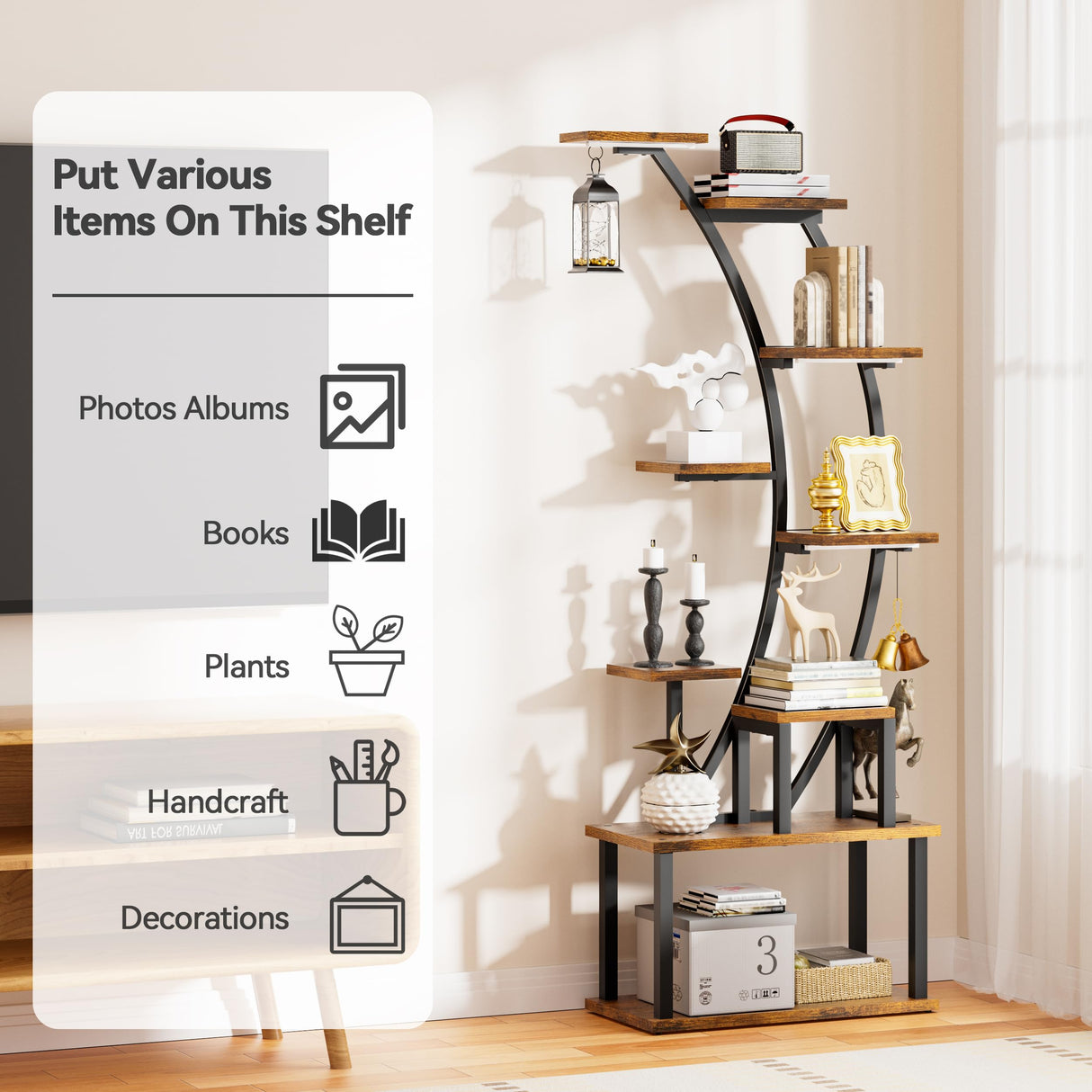 BECOKOME Bookshelf with Lights - 63" Tall Unique Bookshelves, 9-Tier Book Shelf for Collectibles, Black Display Shelf with Light, Half-Moon Ladder Book Stands for Bedroom Living Room, Rustic Brown BECOKOME