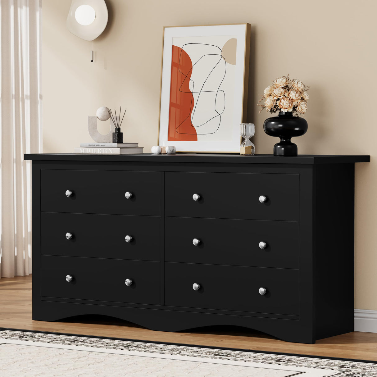 YESHOMY Dresser for Bedroom with 6 Drawers, Modern Chest of Drawers, Wooden Dressers, TV Stand for Living Room,Closet, Hallway (Black)