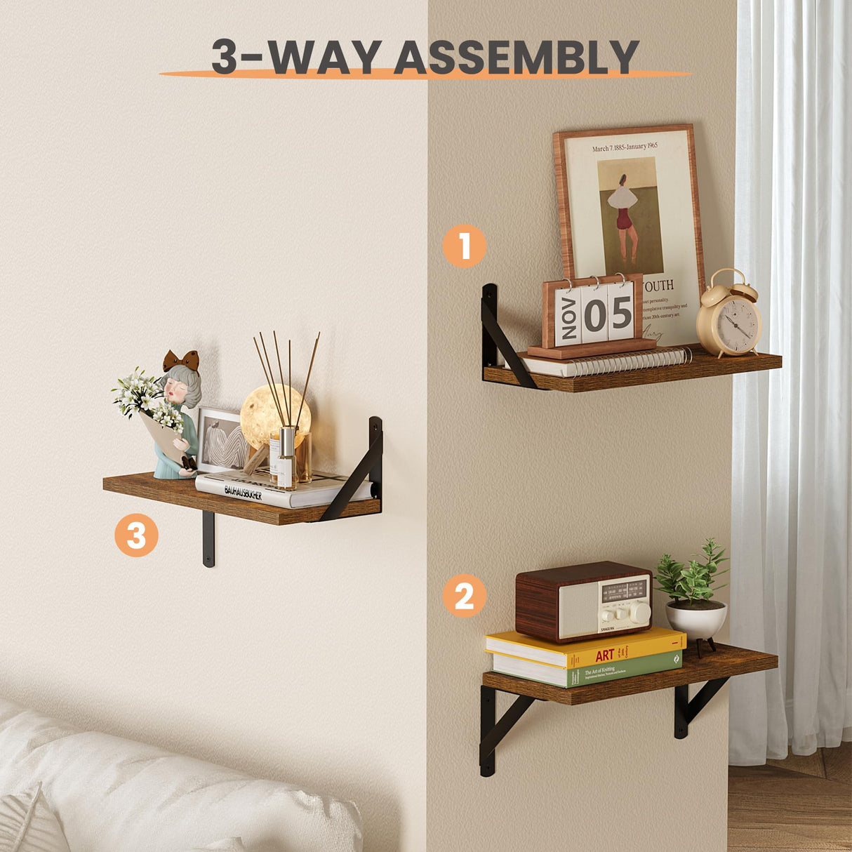 upsimples Floating Book Shelves for Wall, 15.7 Inches Wood Shelves for Living Room, Bathroom, Bedroom, Kitchen Storage and Decoration, Brown upsimples