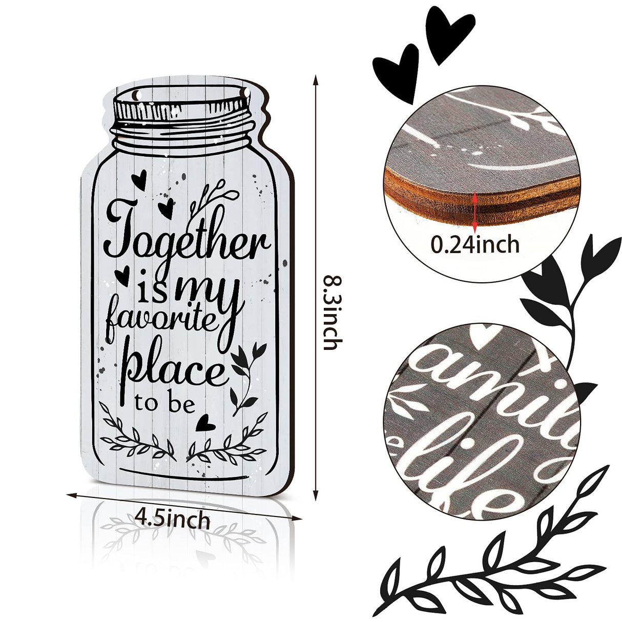 Jetec 4-Piece Mason Jar Wall Hanging Plaque Set - Rustic Farmhouse Decor Signs - Bless This Home, Family, Together, Love, Life, Home, Forever - Wooden Wall Mount - Approx. 8.3 x 4.5 x 0.24 Inches Jetec