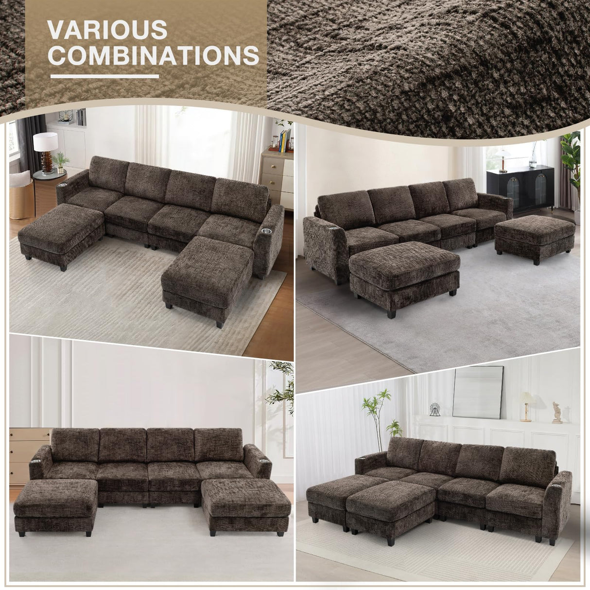 Lesofair 110" Chenille Sectional Sofa with Movable Ottomans, Modular U-Shape Couch with Cup Holders, Convertible 4 Seater Sofa with Well-Filled Backrest Cushions for Living Room, House, Brown Lesofair