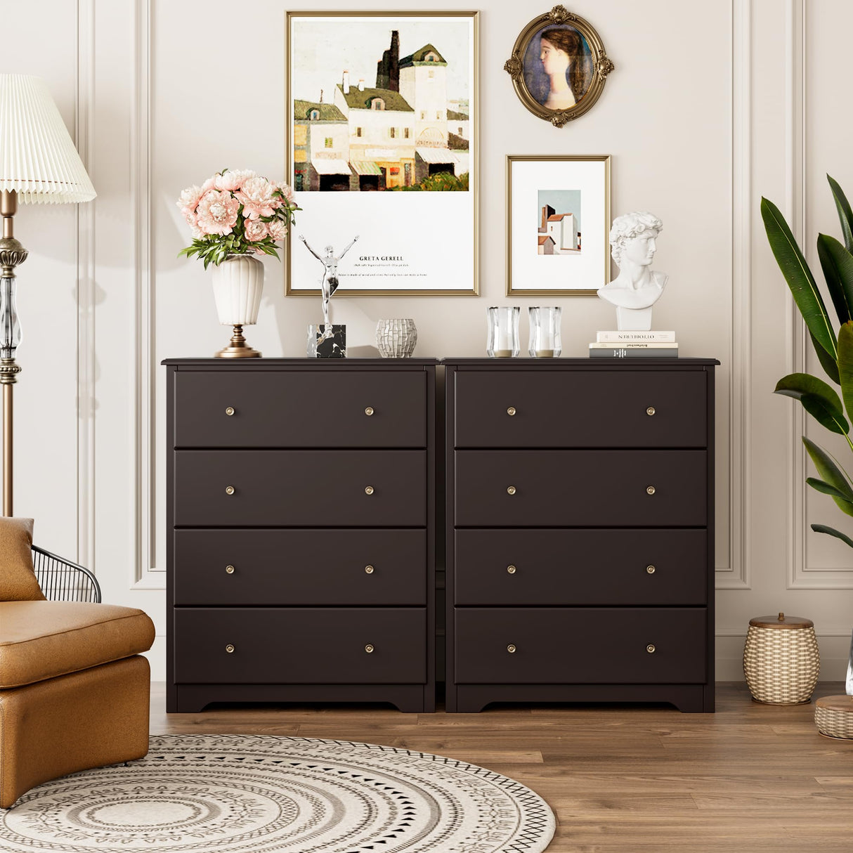 HOUSUIT Dresser, 4 Drawer Dressers Chests of Drawers, Modern Tall Dresser, Wood Drawer Chest Storage Cabinet for Living Room, Hallway, Entryway, Home Office, Dark Brown HOUSUIT