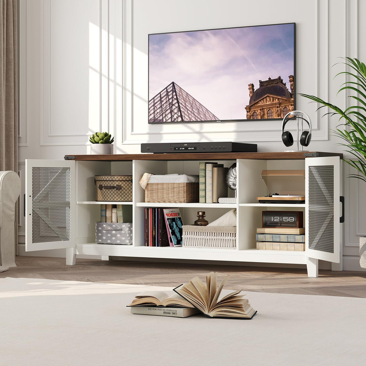 Algglobuy Modern Farmhouse Tv Stand for TVs up to 70 Inch, 58 Inch Entertainment Center with Iron Mesh Door & 2 Adjustable Shelves, Media TV Console Table for Living Room, White (White, 58 Inch) Algglobuy