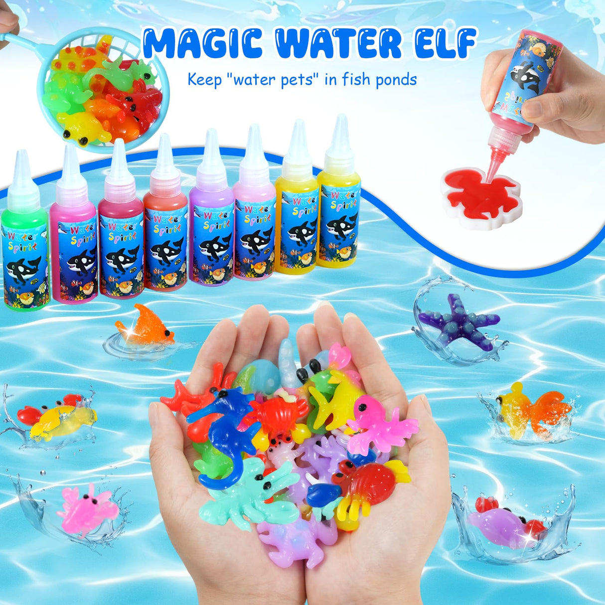 Magic Water Elf Toy Kit,Aqua Fairy Water Gel Kit-16 Magic Gesl&15 Molds-Make Water Pets with Fishing Set - Fun Kids DIY Craft Kit, Birthday Gift & Party Favors for Kids Ages 3+ MaxiBean