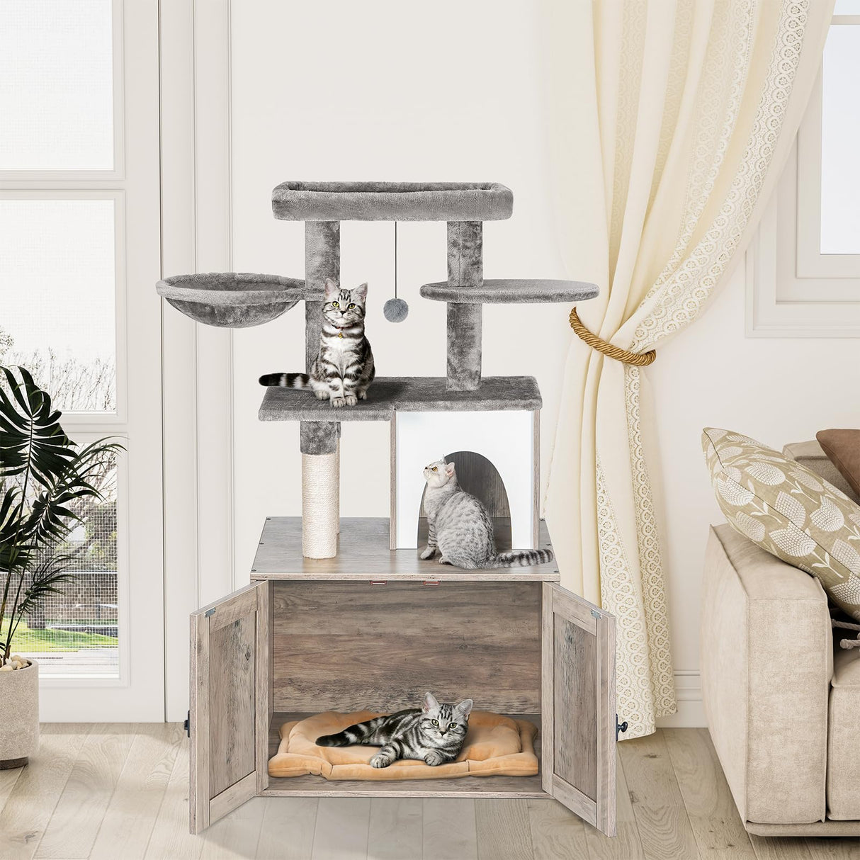 Snughome Cat Litter Box Enclosure with Cat Tree Tower and Condo, Hidden Cat Washroom Furniture with Sisal Scratching Post and Soft Plush Perch, Wooden Cat Furniture with Multiple Platforms, Grey Snughome