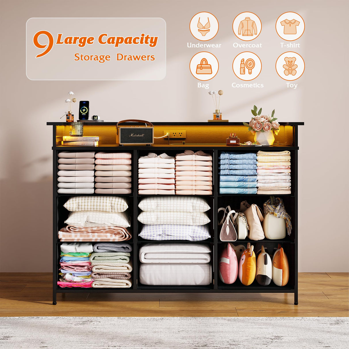 Nicehill Balck Dresser for Bedroom,9 Drawer Fabric Dresser with LED Light,TV Stand for Bedroom with Charging Station,Chests of Drawers for Living Room Hallway,Closet(Black Wood Grain Nicehill