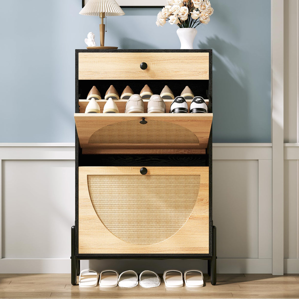 IRONCK Shoe Cabinet with 2 Flip Drawers, Shoe Storage Cabinet for Entryway, Free Standing Shoe Storage Organizer with Rattan Doors Slim Narrow Shoe Rack Cabinet, Black IRONCK