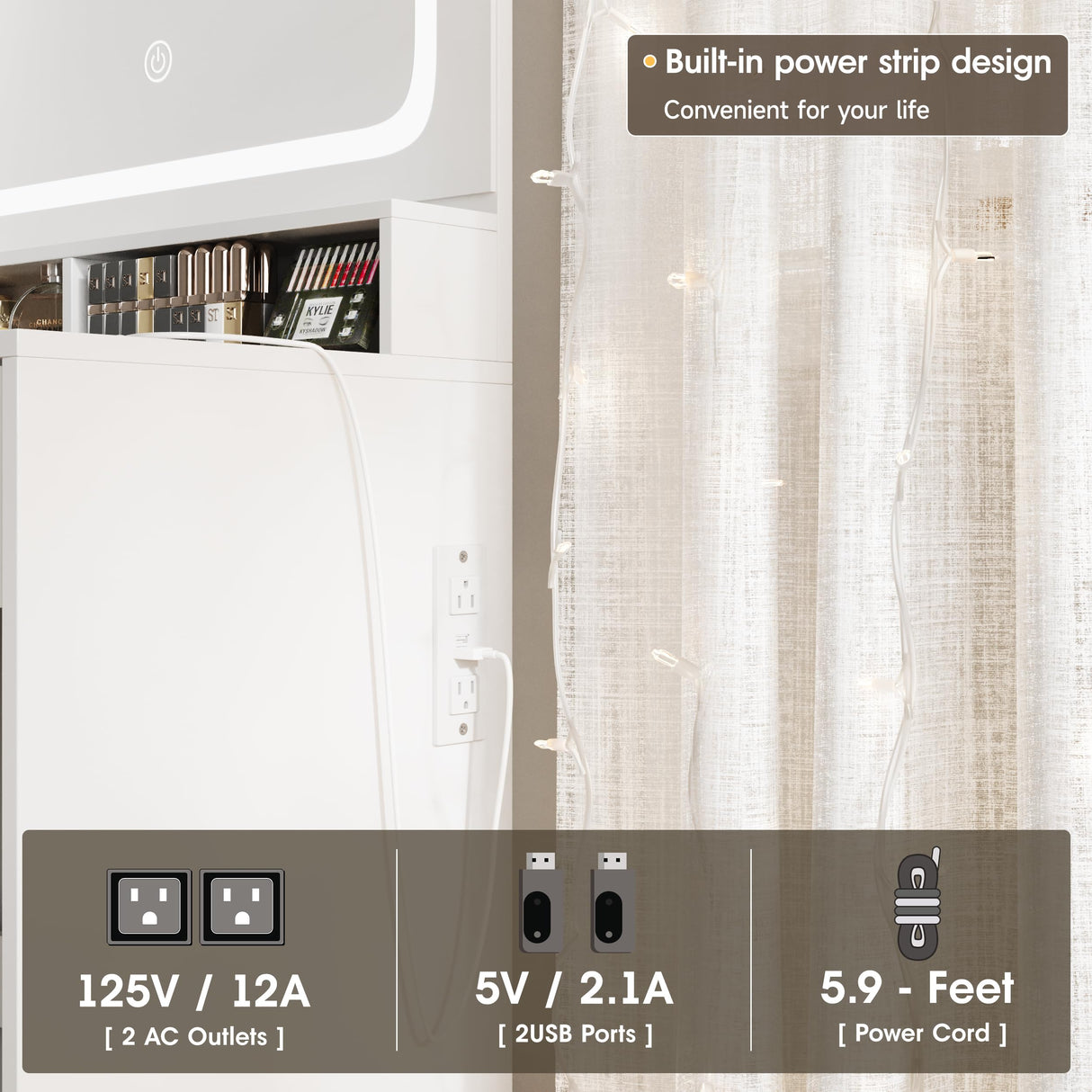 Makeup Vanity Desk Mirror with Lights, White Vanity Desk with Glass Top, Makeup Vanity with Power Outlet, Dressing Table with Jewelry Cabinet, 3 Drawers, Vanity for Women Maupvit