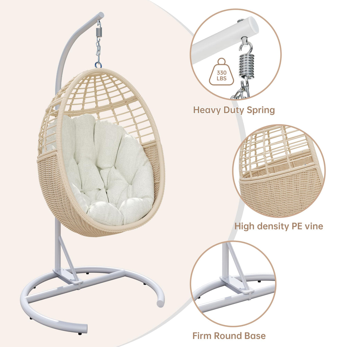 TWT Egg Chair Indoor Outdoor Patio Wicker Hanging Egg Chair Swing Egg Basket Chairs with Stand UV Resistant Cushions 350lbs Capacity for Patio Bedroom Balcony Xmas Gift Beige TWT