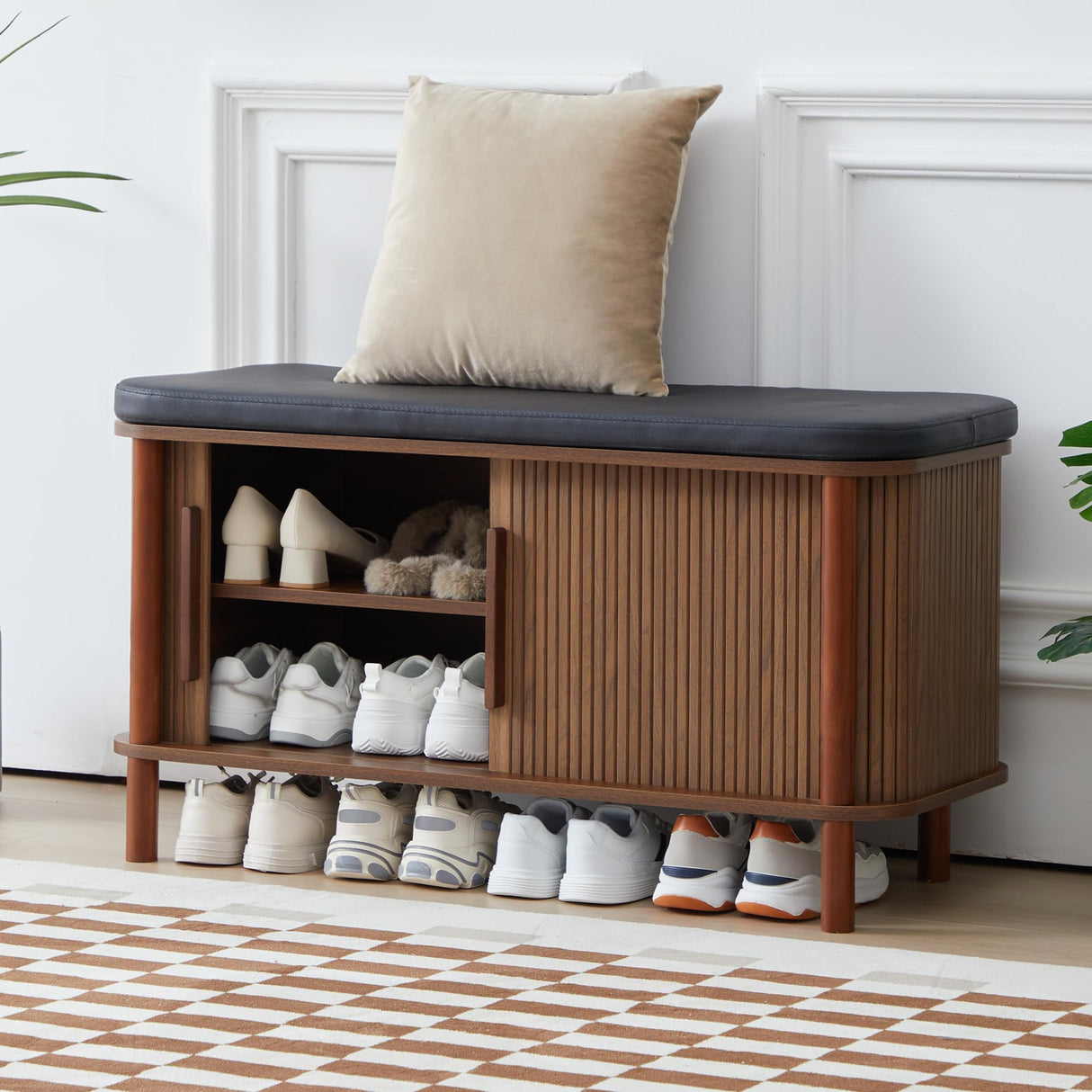 QEIUZON Shoe Bench, Entryway Shoe Cabinet with Leather Cushion and Sliding Door, Modern Shoe Storage Organizer for Living Room, Hallway (Walnut) QEIUZON