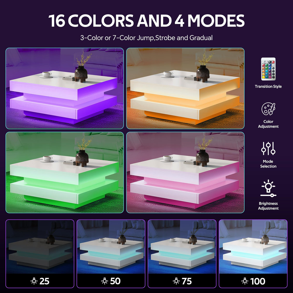 LED Coffee Table for Living Room, 2 Tier Modern Square Middle Center Table, Unique High Gloss Coffee Table with 16 Colors LED Lights & Remote Control, for Home Party Office Reception Room, White GlowSpark