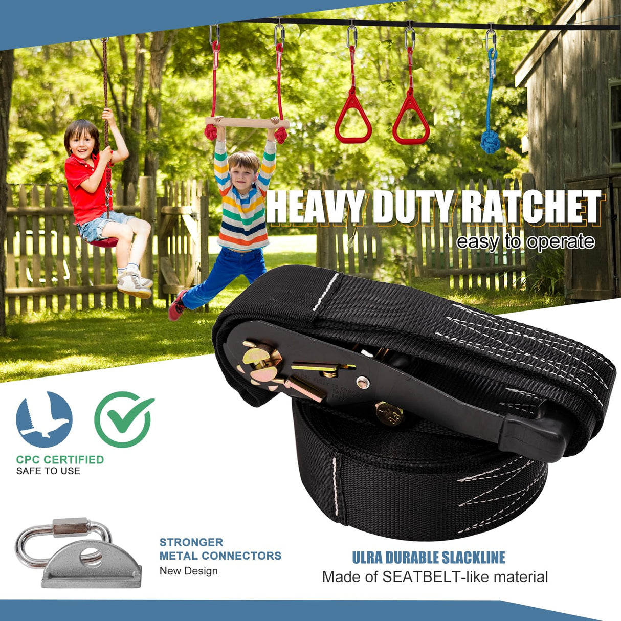 Slsy Ninja Warrior Obstacle Course for Kids, 50FT Durable Ninja Slackline Kit with 8 Complete Accessories, Playset Equipment with Swing, Climbing Net, Ladder & Monkey Bars (8 Obstacles) Slsy