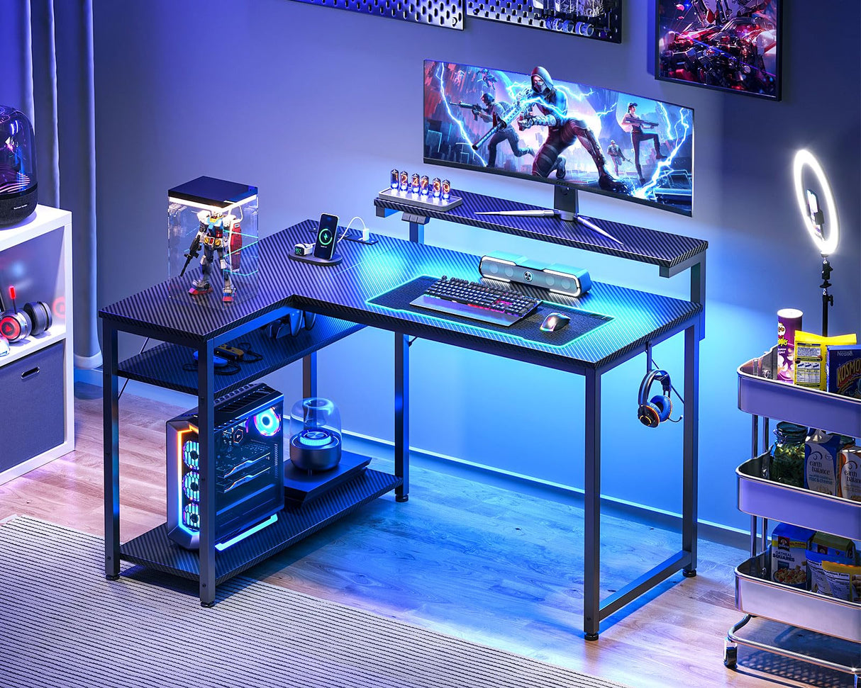 MOTPK L Shaped Gaming Desk with Power Outlet, Reversible Gaming Desk with Height Adjustable Monitor Stand, Gaming Computer Desk 43inch with LED Lights, Home Office Desk, Black MOTPK