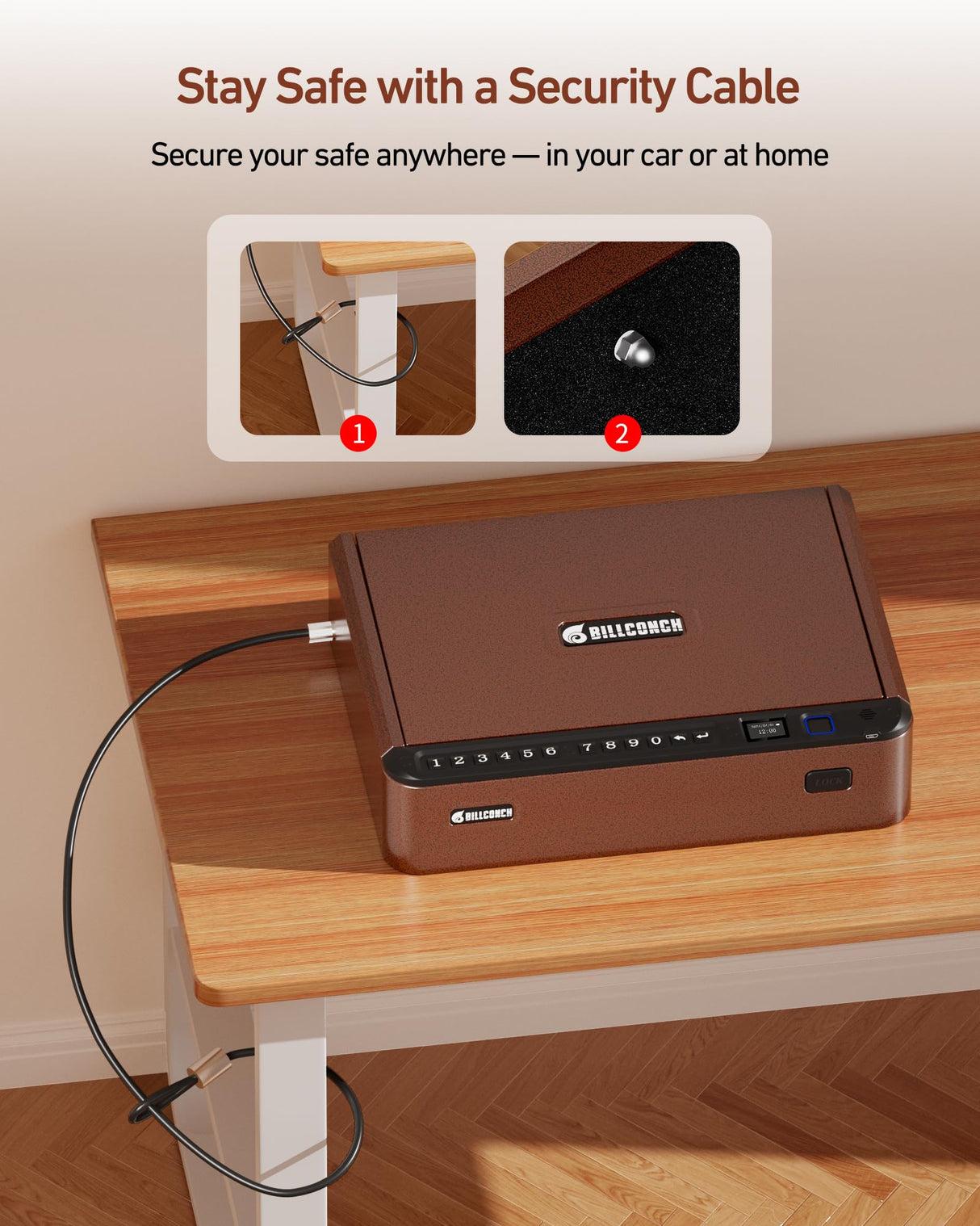 BILLCONCH Smart Gun Safe with Security Cable - Biometric Gun Safe for Handgun 4 Ways Quick Access with Fingerprint/Keypad/Key/APP Lock for Bedside Home Car with LCD/Voice Guide - Brown BILLCONCH