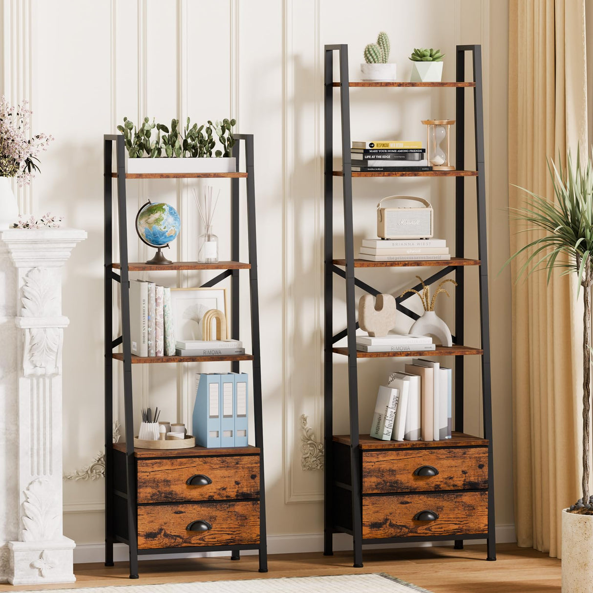 Furologee 5-Tier Ladder Shelf with 2 Drawers,Narrow Bookshelf Storage Shelves,Industrial Bookcase Freestanding Shelf Units for Bedroom,Living Room,Bathroom,Home Office,Balcony,Wood Metal,Rustic Brown Furologee