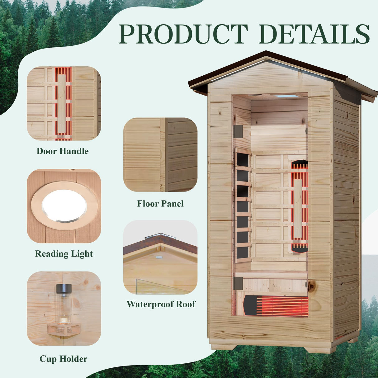 BNEHS Outdoor Infrared Sauna,1 Person Home Sauna with Rapid Warm-Up Heating Tubes & Panels,Wooden Sauna Spa Room with Chromotherapy Lamp,110V BNEHS