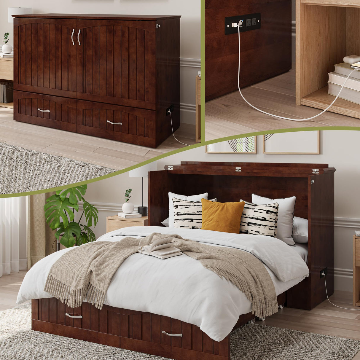 AFI, Southampton Murphy Bed Chest Full with 6" Mattress, Built-in USB Charger & Storage Drawer, Walnut AFI