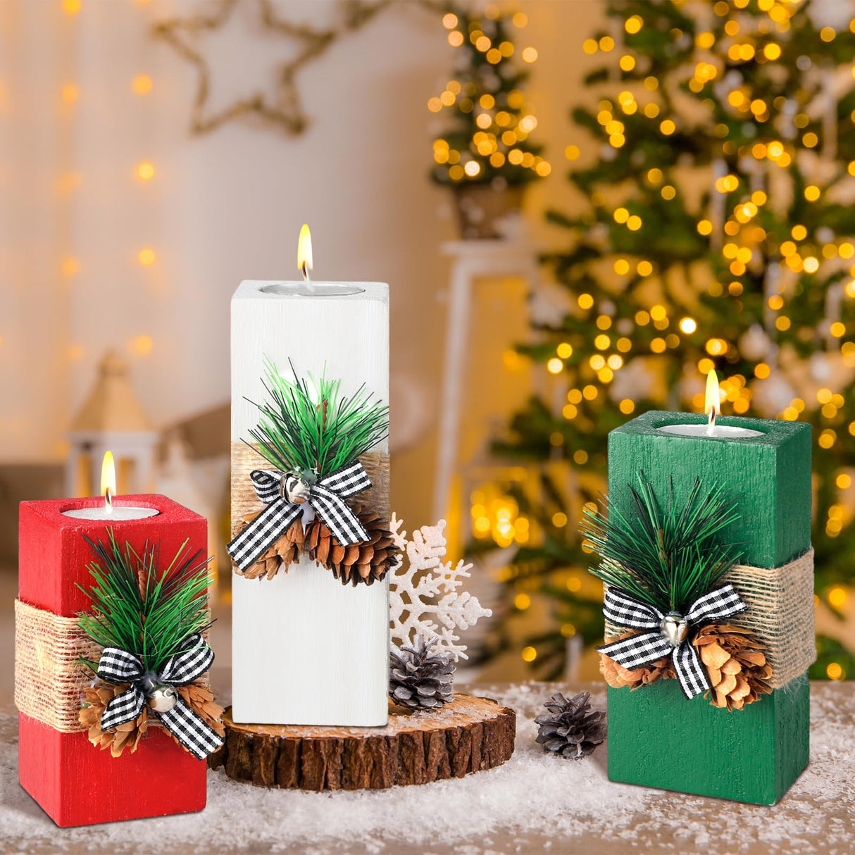 Sliner 3 Pcs Christmas Candle Holders with Candles Wooden Xmas Tealight Candle Holders Decorations Red White Green Votive Wood Candlestick for Christmas Table Centerpiece Decor Xmas Gifts Sliner