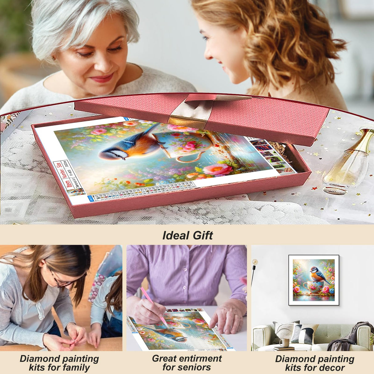 FHBUBPUP 5D Bird Diamond Painting Kits for Adults, Flowers Diamond Art Kits for Beginners, DIY Full Drill Round Diamond Dot Gem Art, Craft Gift Suitable for Home Wall Decoration 12×12Inch FHBUBPUP