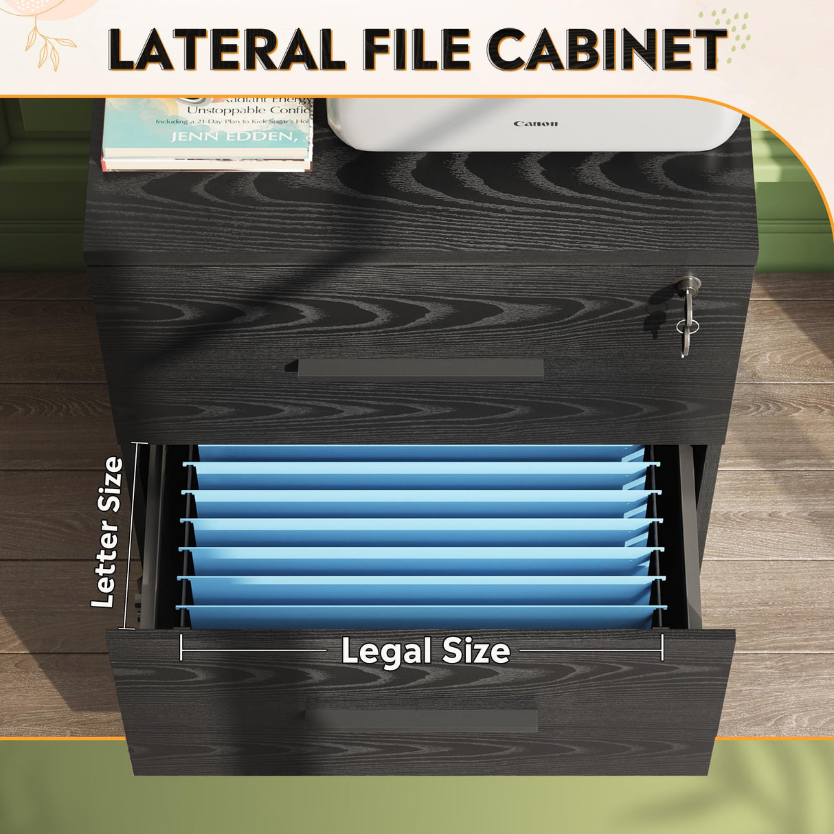 DEVAISE 2-Drawer Wood Lateral File Cabinet with Lock for Office Home, Black DEVAISE