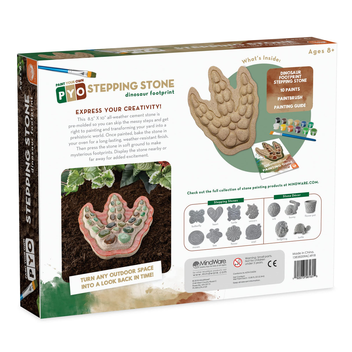 MindWare Paint Your Own Stepping Stone: Dinosaur Footprint – Weather-Resistant 8.5-inch x 10-inch Stepping Stones Kids Craft Kit - Includes Paint, Brushes and Instructions – Ages 8 and Up MindWare