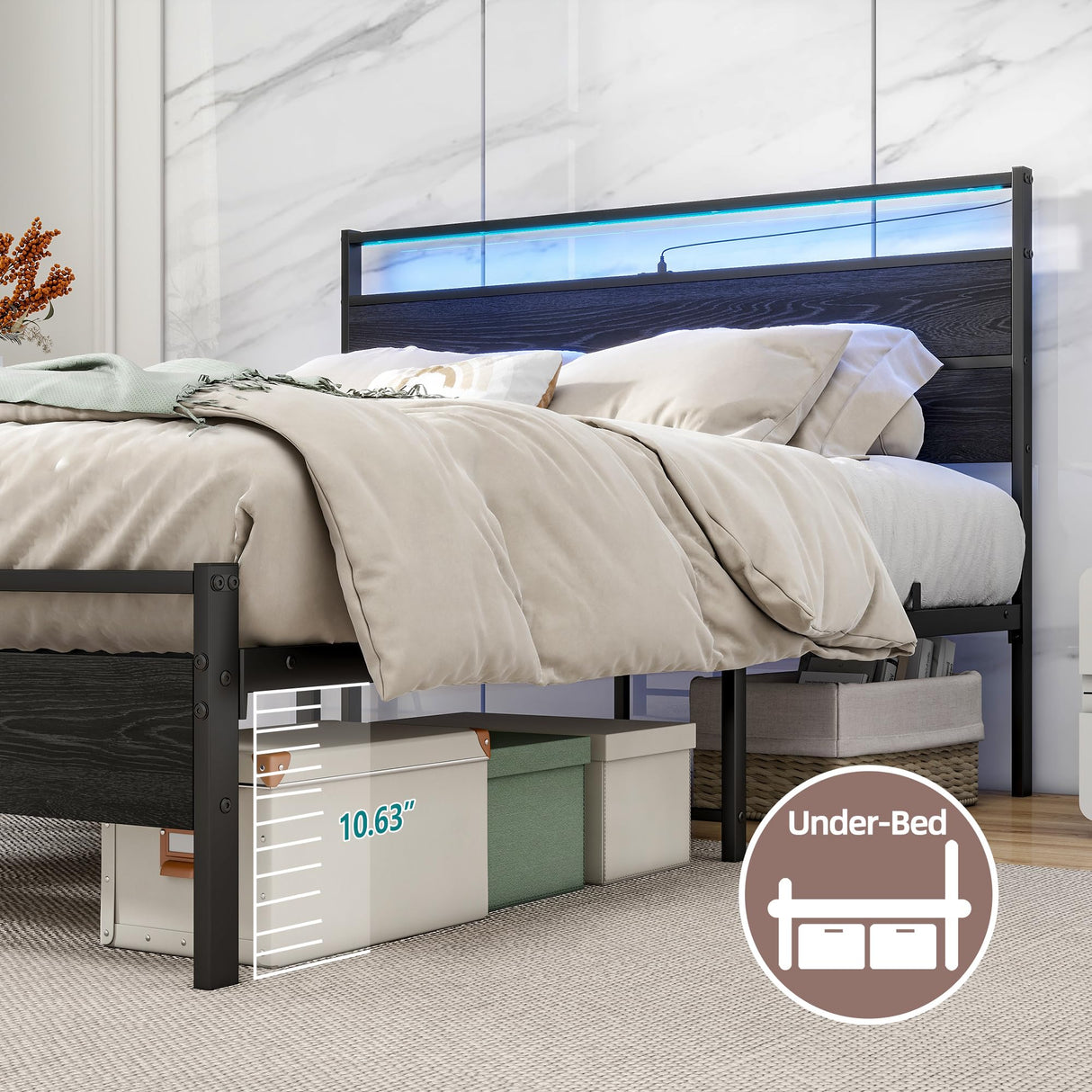 Full Size BOFENG Bed Frame with Wood Headboard, LED Lights & USB Charging Station BOFENG