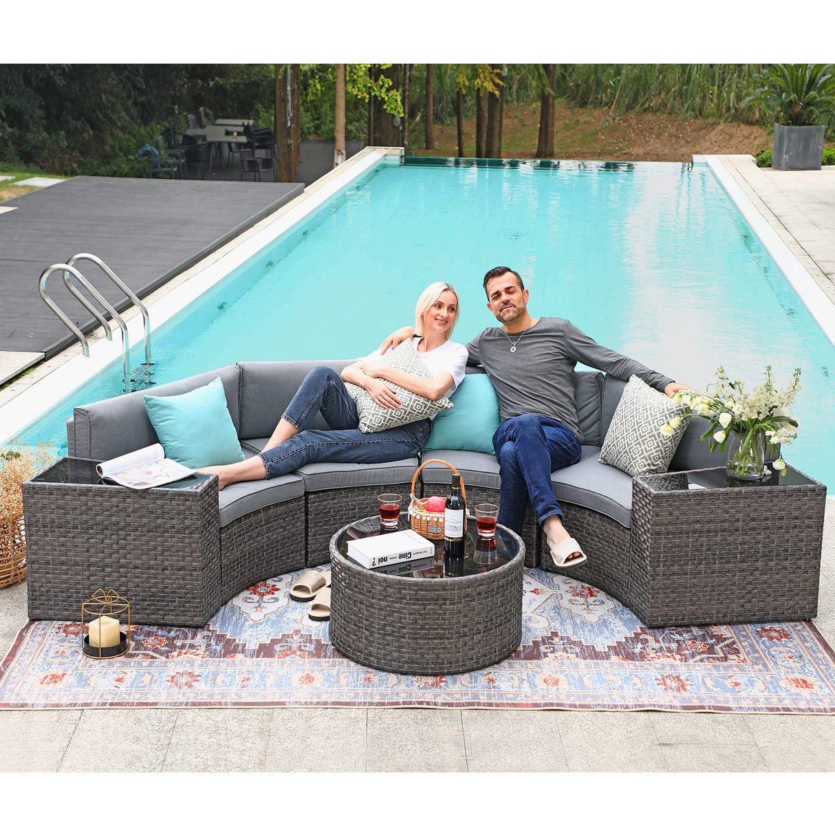 SUNSITT Outdoor Patio Furniture Sectional 7-Piece Half-Moon Curved Outdoor Sofa Set with Round Coffee Table, 4 Pillows & Waterproof Cover, Grey Rattan SUNSITT