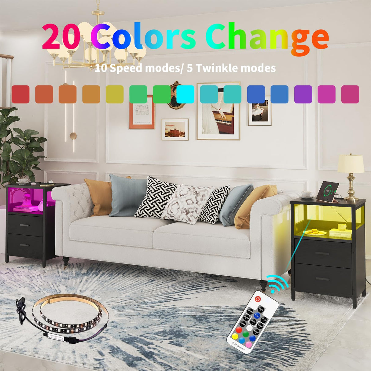 KHLJJU LED Nightstand with Charging Station, Side Table with USB Ports and Outlets, End Table for Small Spaces, Black Bedside Tables for Bedroom, Living Room, Office KHLJJU