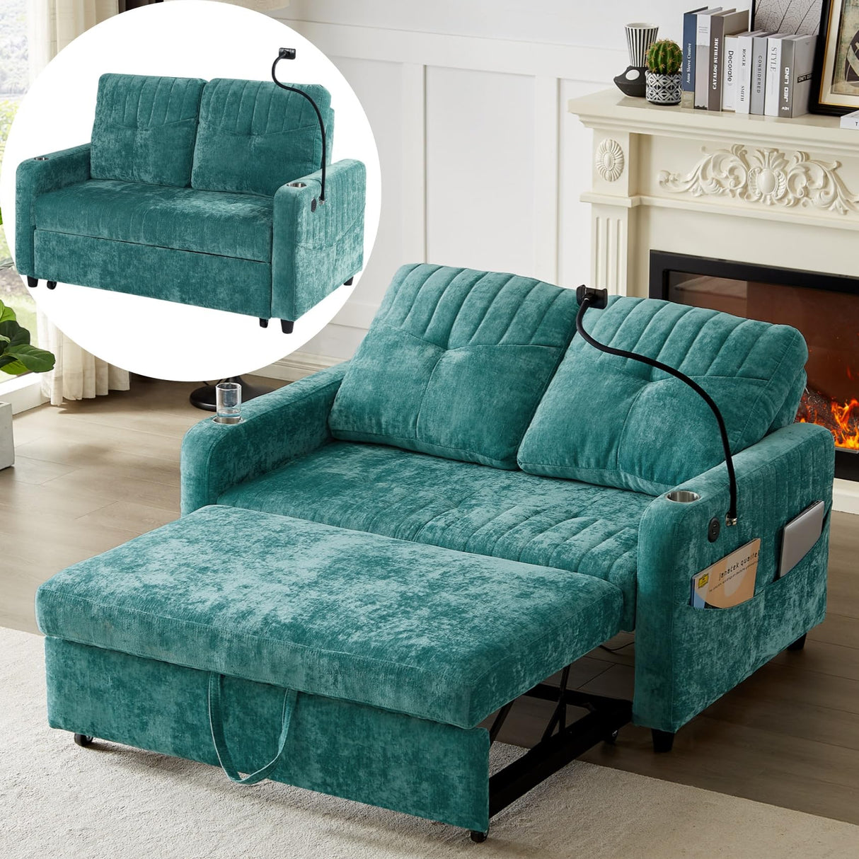 Merax 54" Convertible Sleeper Sofa Bed, Chenille 3-in-1 Pull Out Futon Couch Loveseat with Adjustable Backrest, 2 Cup Holders, Phone Stand, 3 Charging Ports and Storage Pockets for Living Room, Teal Merax